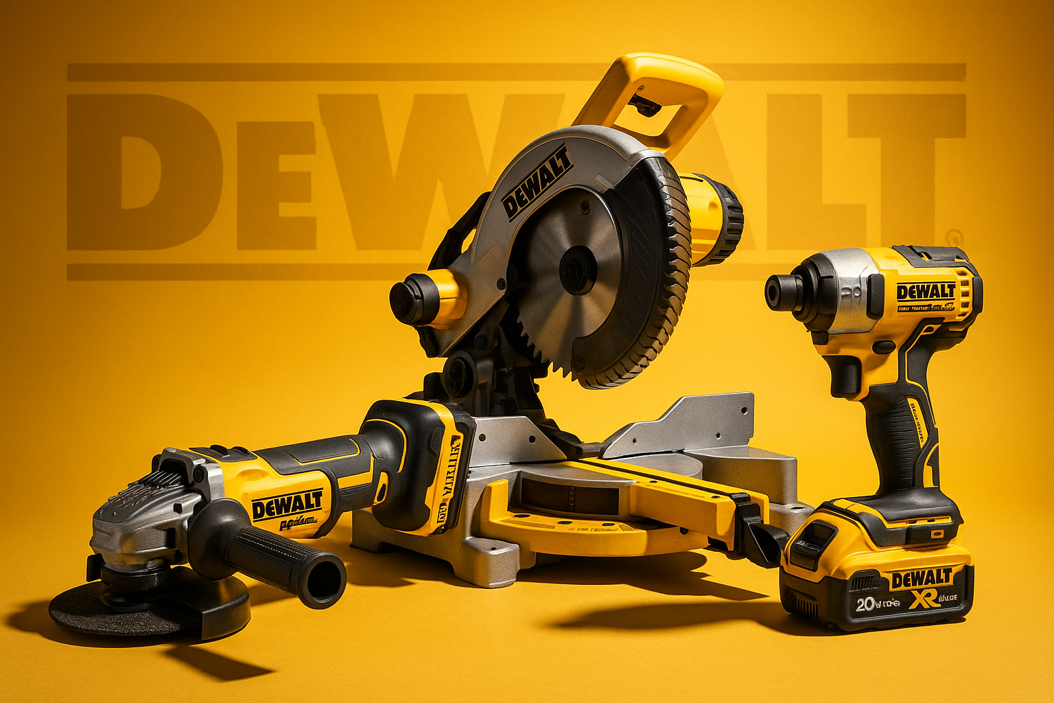 dewalt powertools woth shadows and yellow background at the back with gradient and dewalr text at the back in faded, make it ultra realistic very real, make the logo proper and the texts on the product correct and clear aswell add a cordless angle grinder and a mitre saw and a cordless impact driver and make the products look ultra realistic