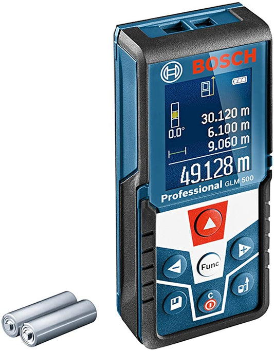 Bosch GLM 500 Professional Laser Distance Meter 50m with 360° inclinometer, color display, IP54 protection, and tripod compatibility for accurate measuring in UAE
