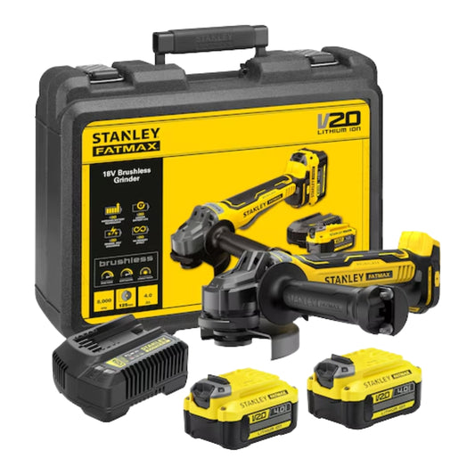 Stanley 18V FATMAX V20 cordless brushless 125mm angle grinder with 2x 4.0Ah batteries and kit box