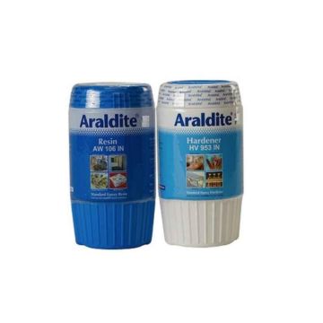Two containers of Araldite resin and hardener on a white background