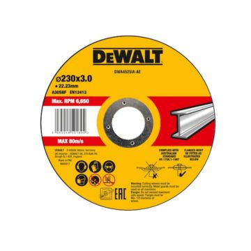 DeWalt cutting wheel with yellow and red label on a white background