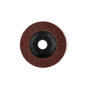 Flap disc with brown abrasive surface on a white background