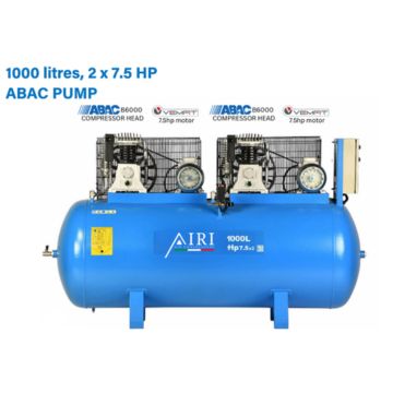 AIRI 1000 Litre Tandem Air Compressor | 2×7.5HP (15HP Total) 3-Phase Twin ABAC Pump | 1654 L/Min | 11 Bar | 2-Stage Belt-Drive | Heavy-Duty Industrial Grade | Made in Italy | UAE – Al Faiz Hardware