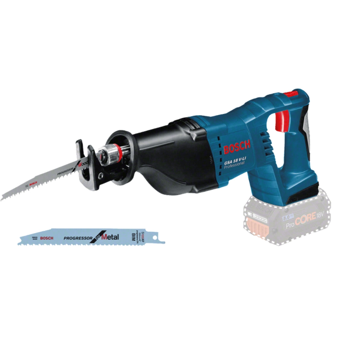 Bosch GSA 18V-LI Professional Cordless Reciprocating Saw with 3Ah 18V battery, SDS blade change, 250mm wood cutting depth, 2.9kg weight, and EMP protection for UAE