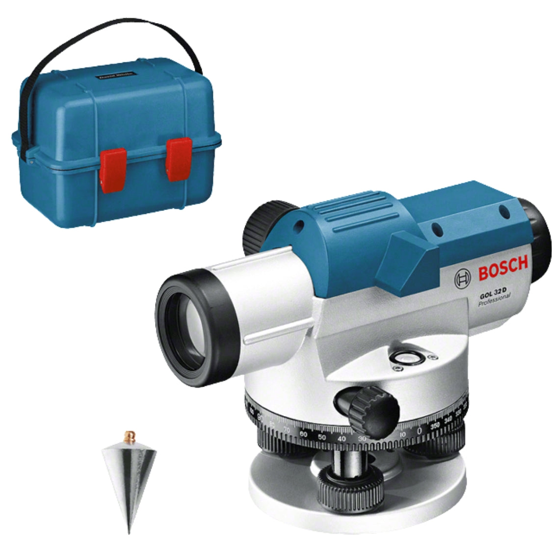 Bosch GOL 32 D Professional Optical Level with 32x magnification, IP54 rating, 120m range, BT170 tripod, and GR500 staff for precise outdoor leveling in UAE