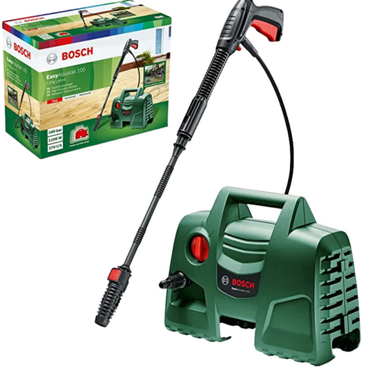 Bosch Easy Aquatak 100 Pressure Washer 100 Bar 1100W with 360° cleaning gun, 450ml detergent nozzle, adjustable spray, and compact 3kg design for outdoor use in UAE
