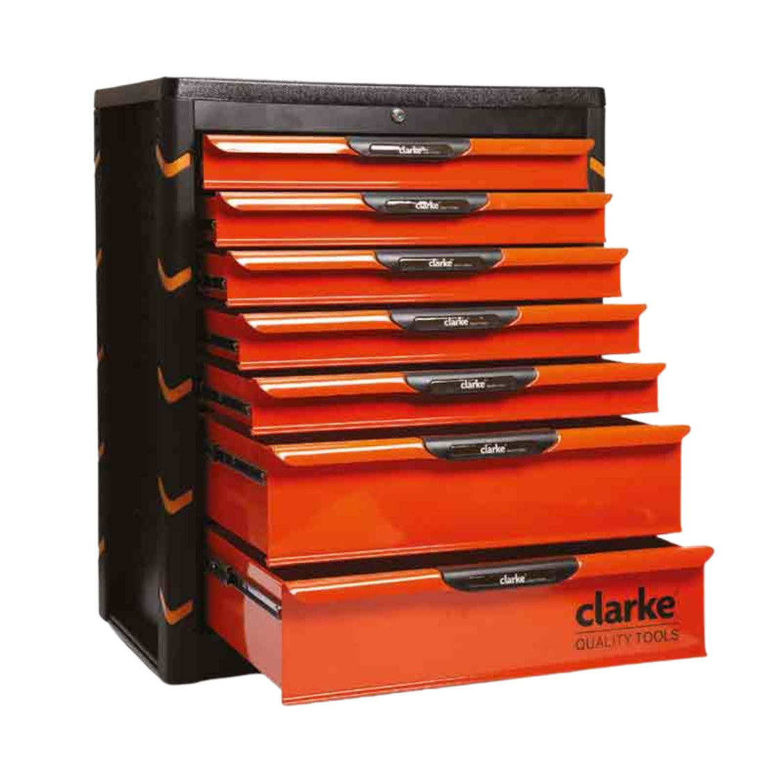 Clarke Tool Chests are designed for professional-grade storage and durability. Made from 1mm powder-coated sheet steel, they provide robust strength for workshop and garage use. The tool chests feature smooth action ball-bearing slide drawers and a single lock mechanism for secure storage. Each chest includes a rubber top liner, and four heavy-duty castors—two swivel and two fixed with brakes—for easy mobility. Available in two models: TC3C with 3 drawers and TC7C with 7 drawers.