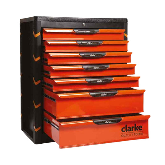Clarke Tool Chests are designed for professional-grade storage and durability. Made from 1mm powder-coated sheet steel, they provide robust strength for workshop and garage use. The tool chests feature smooth action ball-bearing slide drawers and a single lock mechanism for secure storage. Each chest includes a rubber top liner, and four heavy-duty castors—two swivel and two fixed with brakes—for easy mobility. Available in two models: TC3C with 3 drawers and TC7C with 7 drawers.